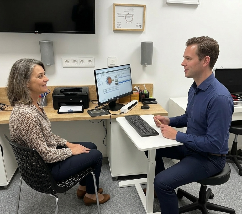 Un opticien écoute une patiente avec attention