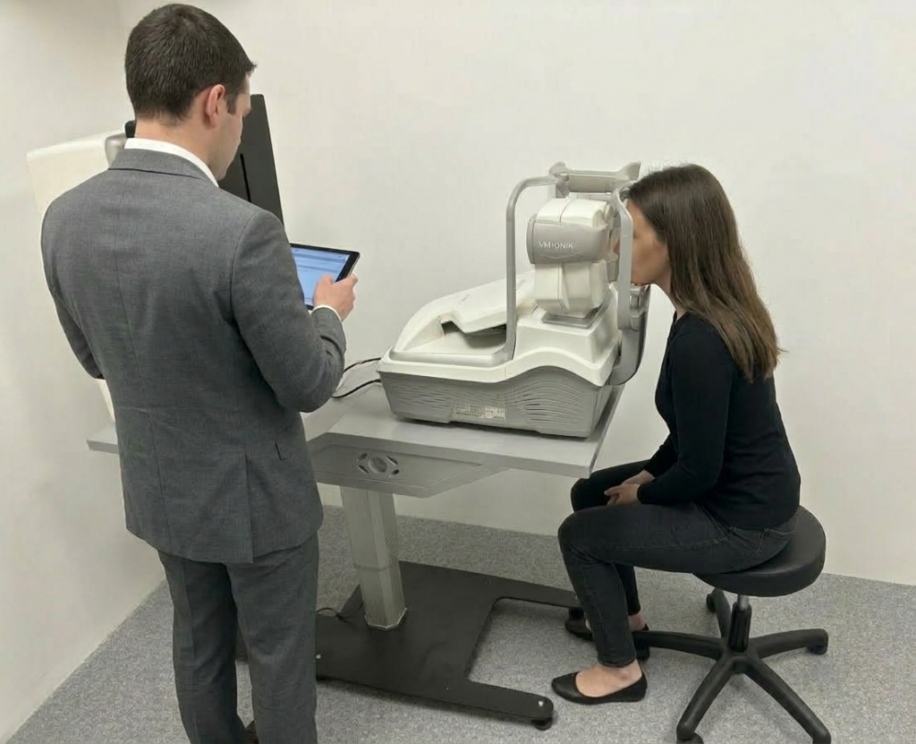 Un Opticien réalise un examen de vue pour une patiente